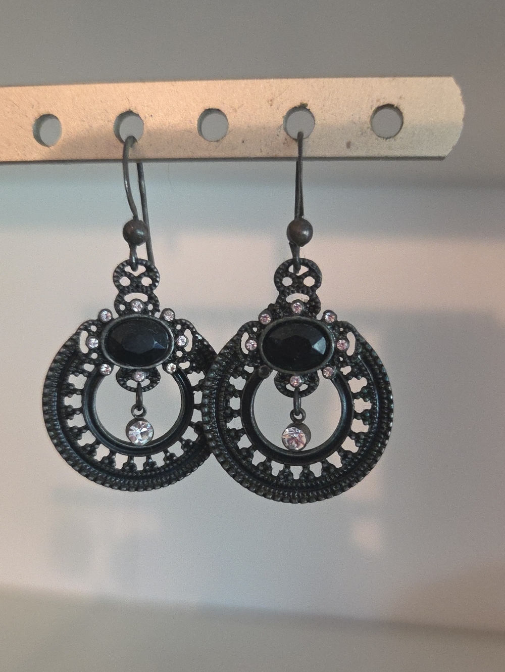 Black Filigree Drop Earrings with Clear Crystal Accents